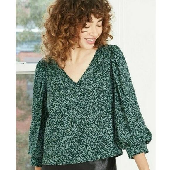 A New Day Women’s Printed Bishop Long Sleeve Top Green & Black - Size M - Picture 1 of 6
